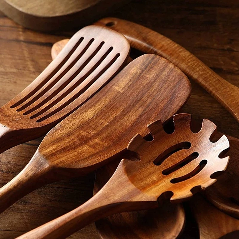 Thailand Teak Natural Wood Tableware Spoon Ladle Turner Long Rice Colander Soup Skimmer Cooking Spoons Scoop Kitchen Tool Set