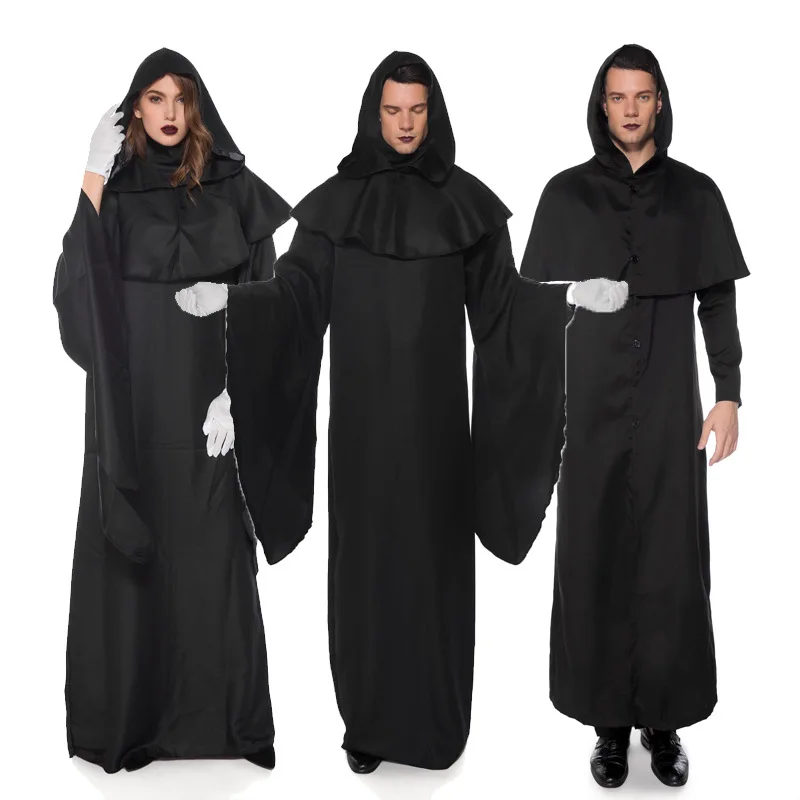 

Vintage Wizard Cosplay Halloween Costumes For Adults Women Men Medieval Friar Black Robe Priest Costume Ancient Christian Suit