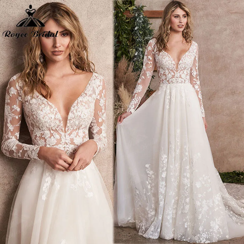 Elegante uma linha vestido de casamento com botões de volta manga longa v pescoço rendas apliques tribunal trem vestido de noiva simples roycebridal