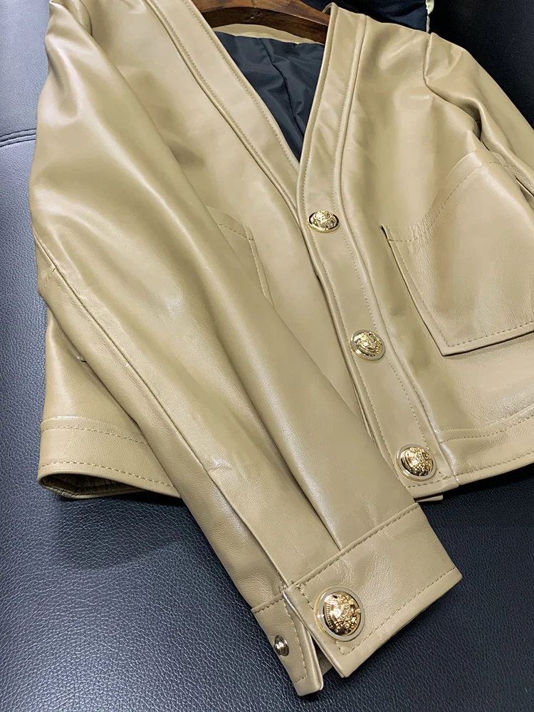 Chaqueta de piel auténtica Vintage para mujer, abrigo de pelo auténtico de oveja, Chaqueta corta ajustada elegante, abrigos de cuero para mujer, Top