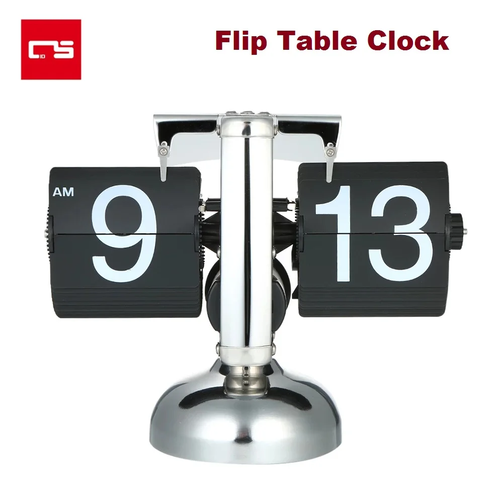 Table Clock Auto Flip PVC Number Display Gear Operated Quartz Clock Retro Black/White Home Decoration Desk Clock Kids Gift