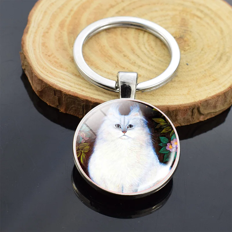 Cute Cat Keychain Animal Black Cat Pattern Key Chain Double Side Glass Cabochon Pendant Keyring Cat Pet Owners Gifts