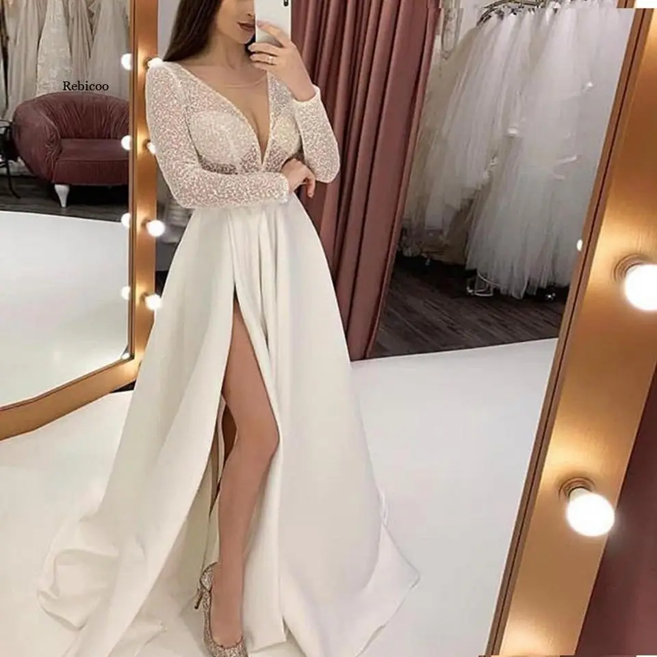 

Formal Women Prom Dress Party Night Elegant A-Line O-Neck Vestidos De Gala Long Sleeves Satin Sexy Long Evening Gowns 2022