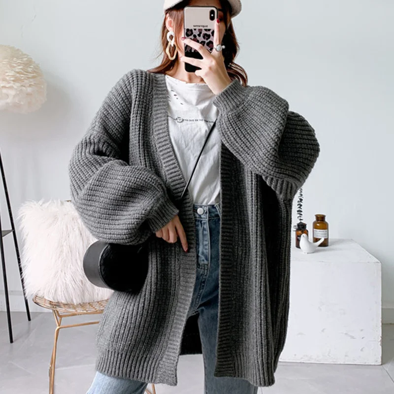 Alpaca Blend Winter Sweater Cardigan Women Korean Casual Lantern Sleeve Chunky Knit Cardigan Ladies Over Size Thick Sweater Coat