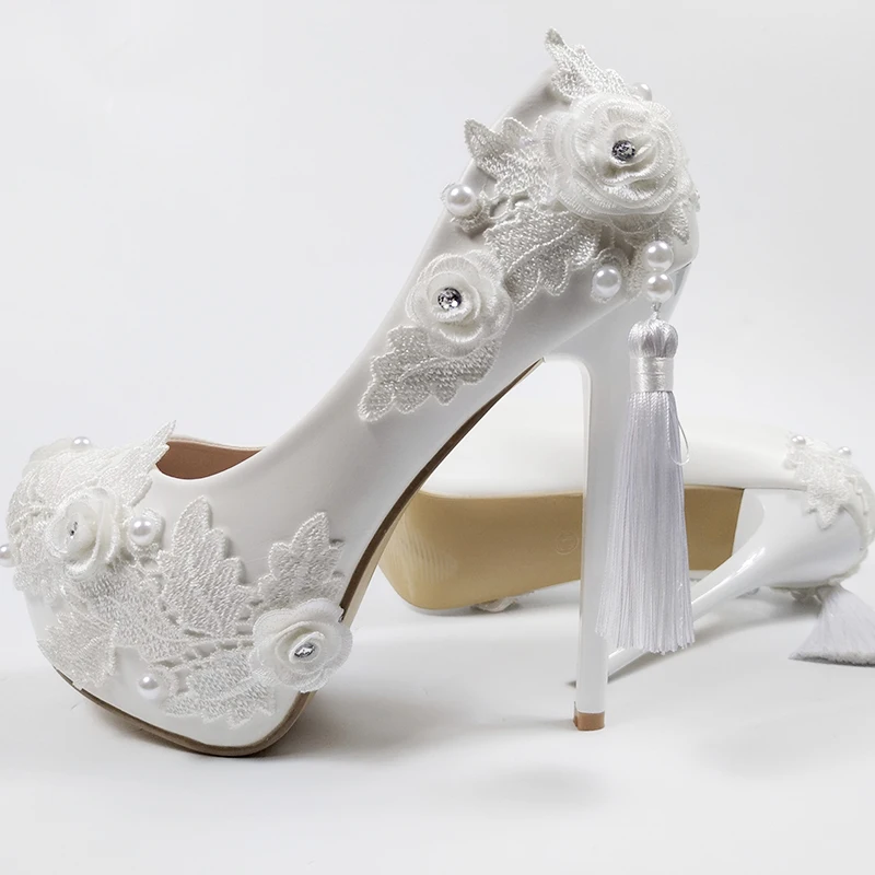 BaoYaFang Super High Heel White Flower Wedding shoes Bride Ladies high platform shoes woman Fashion Round Toe Tassel Dress shoes