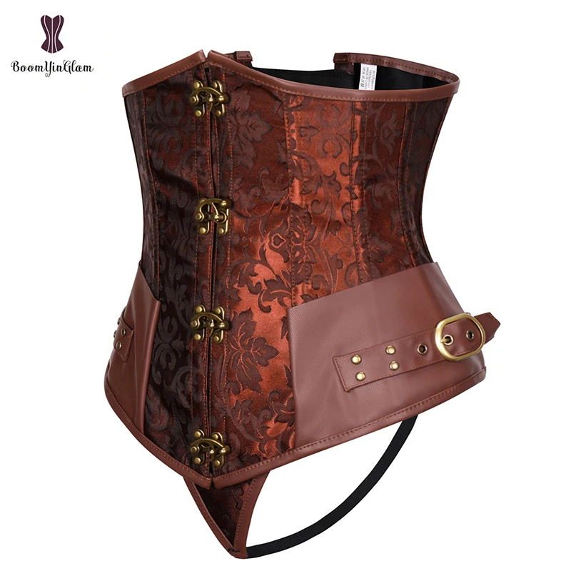 Brown Women's Steampunk Underbust Waist Cincher Spiral Steel Boned Corset Waist Trainer With Claps