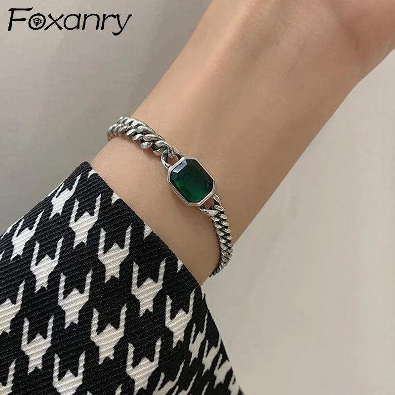 Foxanry Silver Color Bracelet for Women Trendy Elegant Vintage Simple Green Zircon Party Jewelry Birthday Gifts Wholesale