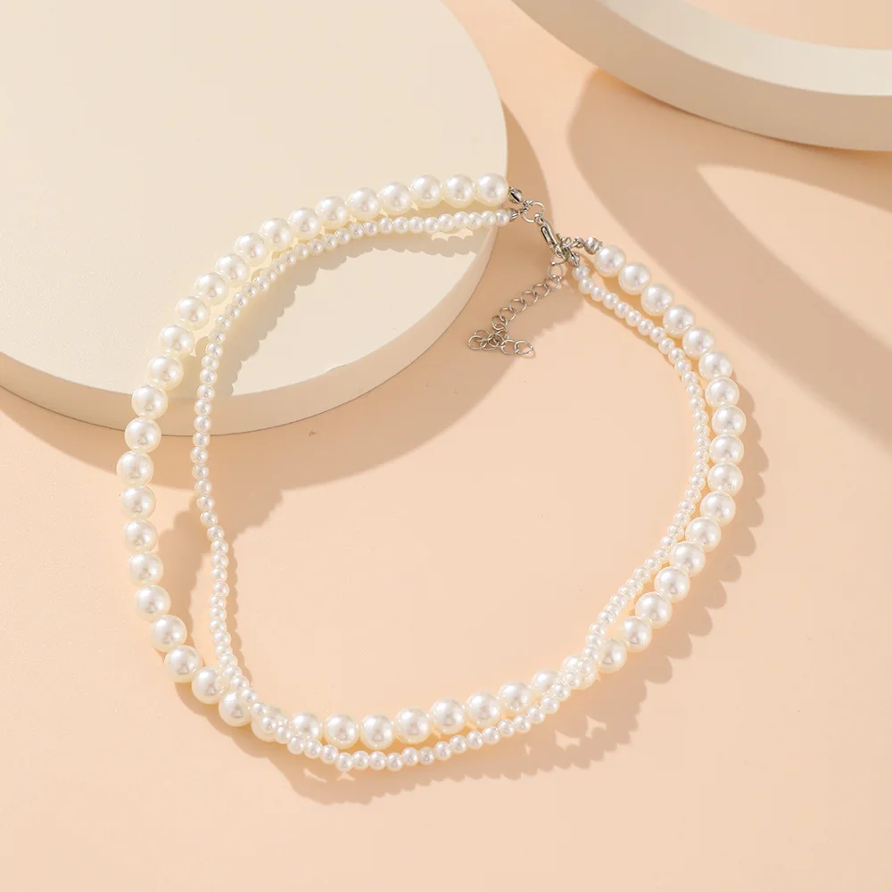 Fashion Choker Necklace Women Simulated Pearl Chunky Jewelry Double Layer Beads Collar Necklaces For Women