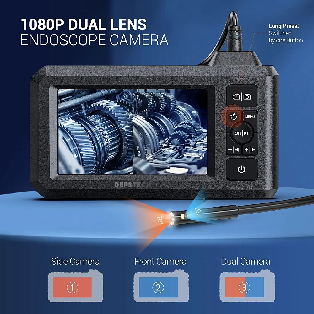 DEPSTECH 1080P Endoscope 7.9mm Dual Lens | 5.5mm Single Lens 4.3inch Screen Inspection Camera Hard Cable IP67 Endoscopic for Car