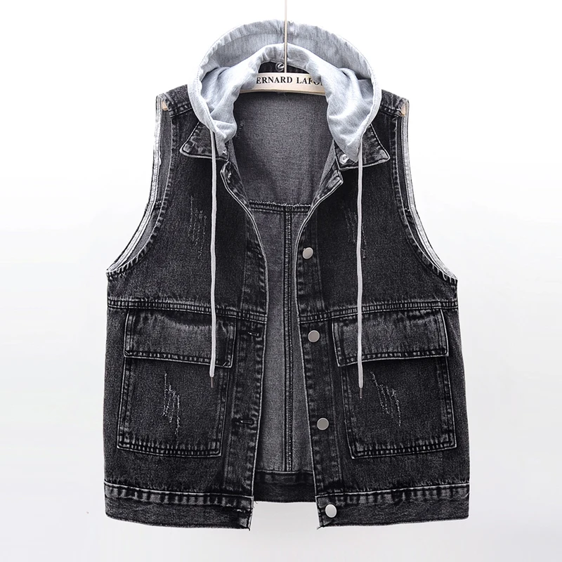 

Korean Fashion Hooded Denim Vest Women Waistcoat Big Pocket Sleeveless Jacket Coat Casual Loose Short Black Jeans Vests Female