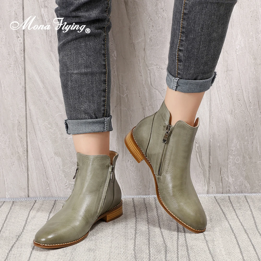 Mona Flying Women Genuine Leather Zipper Ankle Boots Designer Hand-made Classic Booties Shoes with Low Heel 068-103B