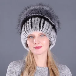 Sombrero de piel de conejo para mujer, gorro de lana de punto cálido de imitación de piel de zorro, moda coreana, Otoño e Invierno