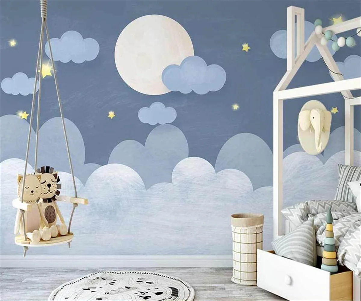 

professional 3d wallpaper Nordic hand-painted blue cartoon clouds starry sky Photo mural children's wall home decoration