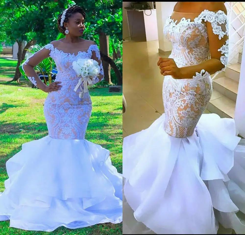 Plus Size Mermaid Wedding Dresses Sheer Off Shoulder Lace Appliques Illusion Bridal Gowns Tiered Ruffles Long Sleeve Garden