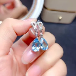 Vintage Bule Topaz Dangle kolczyki na imprezę romantyczne akcesoria damskie prezent urodzinowy wysokiej jakości S925 Dainty kolczyk biżuteria