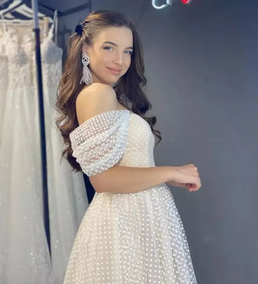 Krótka suknia ślubna 2021 Off ramię do kostek punkt netto suknia ślubna Gorgeous dla kobiet Brides Tulle Robe wdzięku