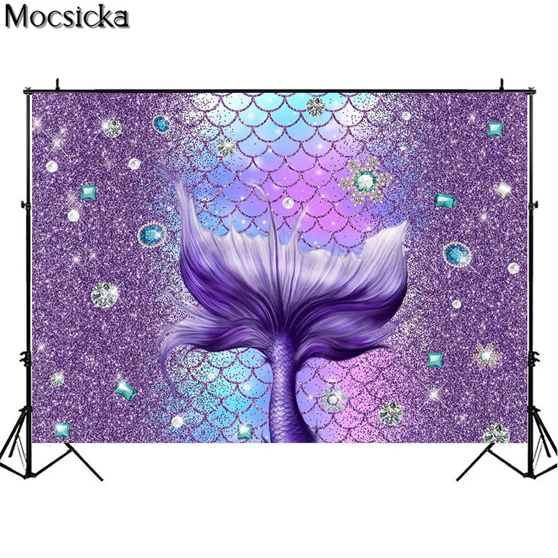 보라색 인어 꼬리 사진 배경 플래시 Bokeh 보석 소녀 1 생일 파티 사진 배경 장식 용품 Photocall
