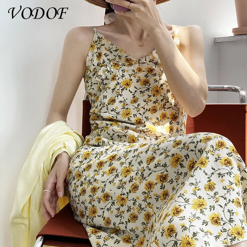 

VODOF Yellow Floral High Waist Long Dress Women Vintage Sundress French Slim Elegant Summer Dresses Beach Vocation Wear