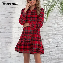 New 2021 Autumn Vintage Red Plaid Dress Long Sleeve Scottish Plaid Slim Dresses Knee-length Party Vestidos Women Clothing