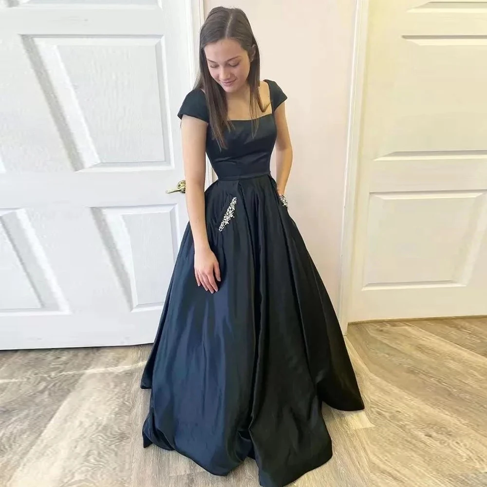 

Angelsbridep Navy Blue A line Evening Dresses Square Neck Cap Sleeves Square Neck With Crystals Pockets Satin Pageant Prom Dress