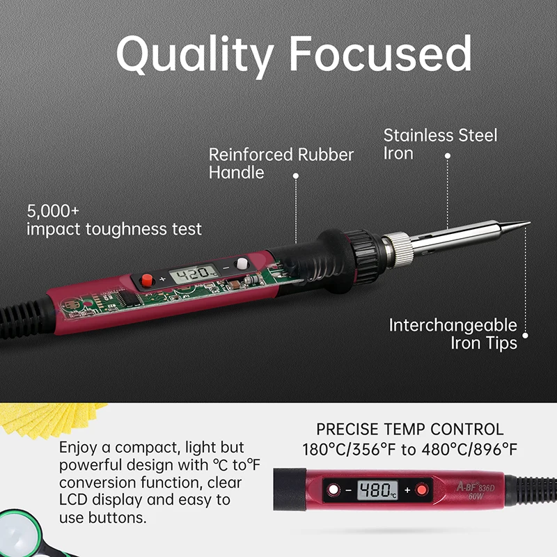 A-BF 220V/110V Soldering ชุดเหล็กดิจิตอลจอแสดงผลไฟฟ้าเครื่องมือเหล็ก Rework อุณหภูมิปรับ Soldering Tips ซ่อม