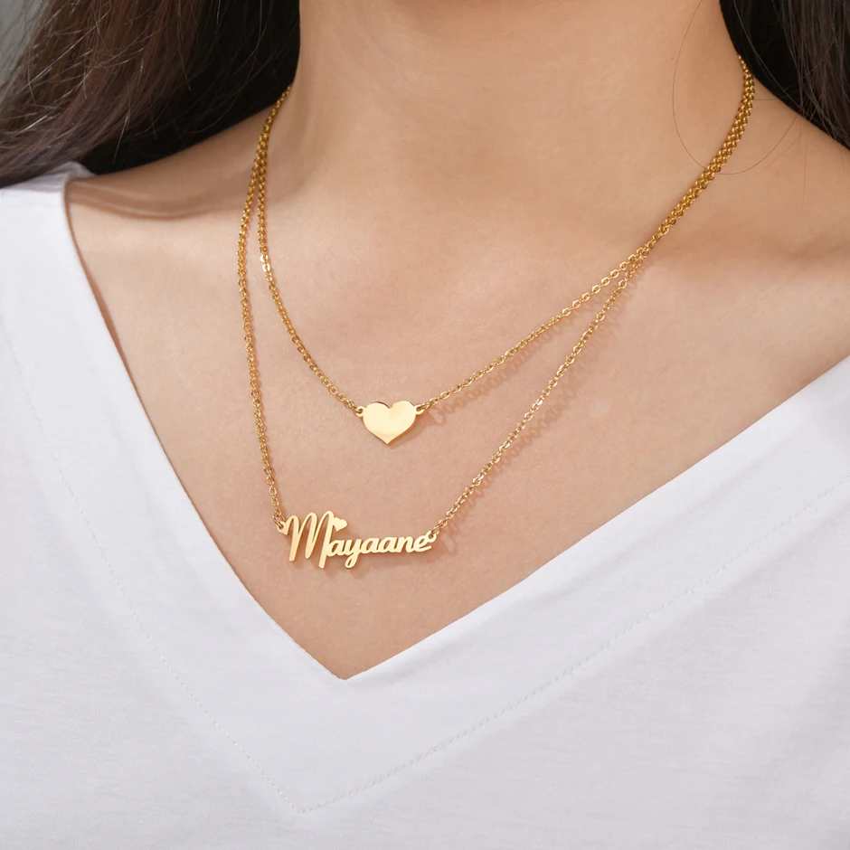 Atoztide Customized Name Necklace Heart Choker Stainless Steel Summer Letter Double Layers Chain Pendant Jewelry for Women Gift