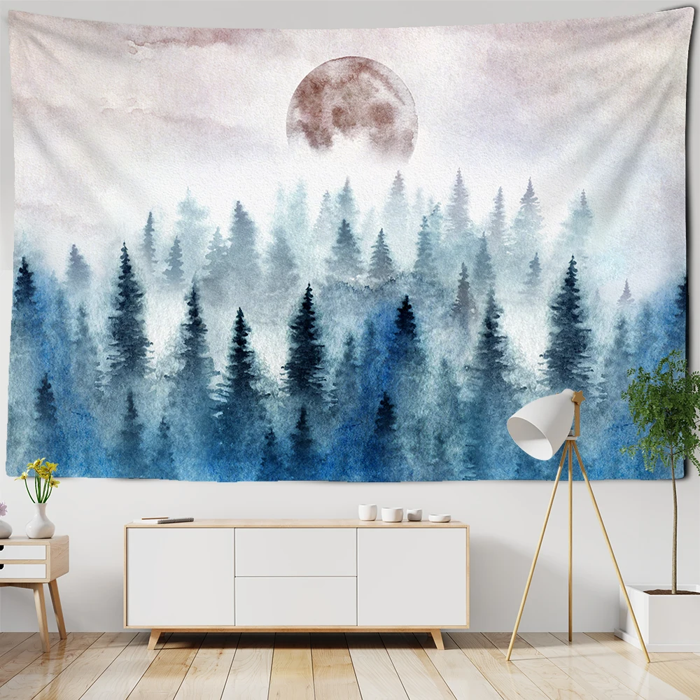 Wall Hanging Tapestries Foggy Forest Beautiful Sight Printed Tree Natural Scenery Tapestry Living Room Decor Tapestry