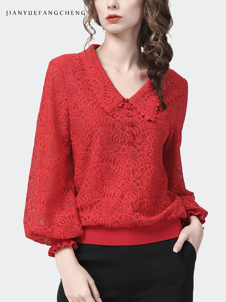 Cute Peter pan Collar Womens Red Lace Top 2022 Spring New Lantern Sleeve V-Neck Casual Hollow Out Female Blouses Plus Size