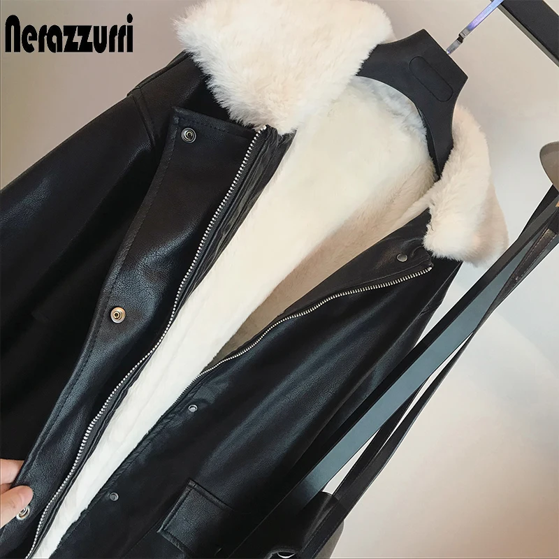 Nerazzurri – veste d'hiver surdimensionnée en cuir pour femme, manteau à manches longues avec fausse fourrure de lapin Rex