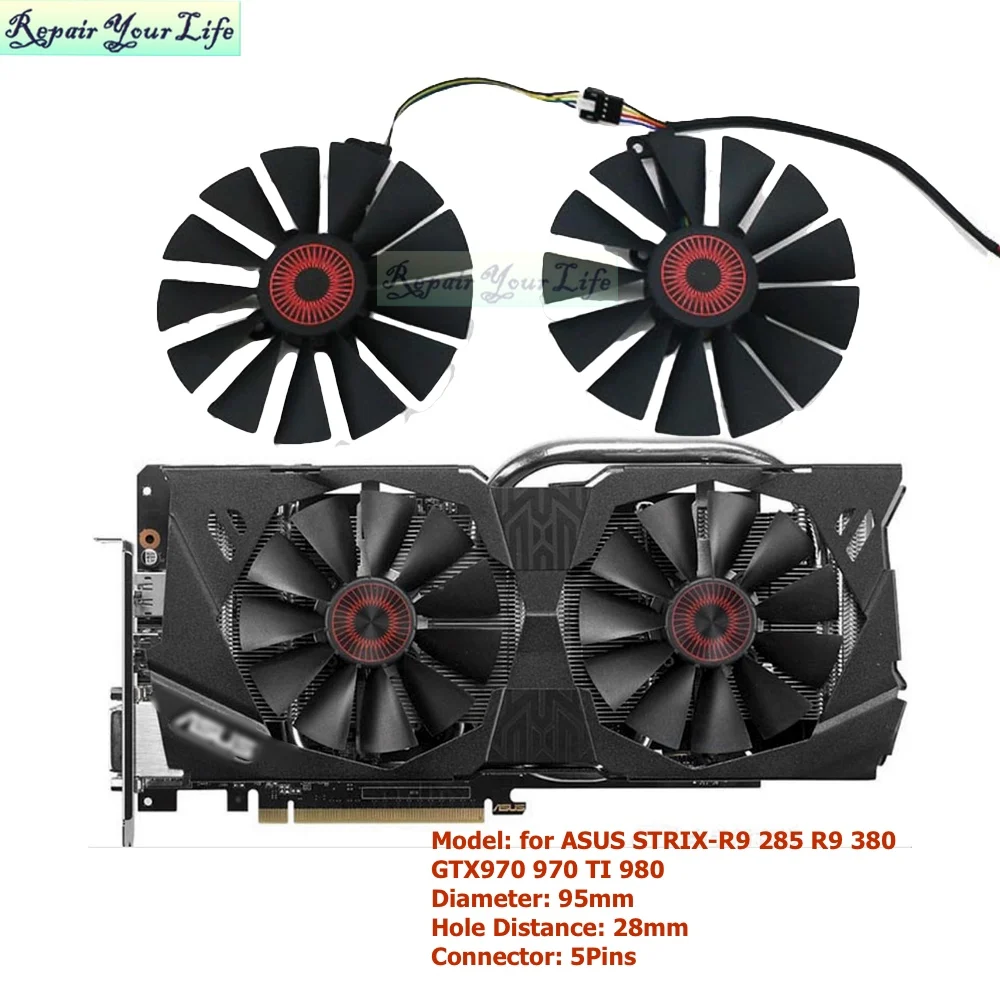 PLD10015S12H 95mm VGA GPU Fans Cooler for ASUS GTX970 GTX 970 TI 980 780 STRIX-R9 285 380 FD10015H12S FD9015U12S DC12V 5Pins