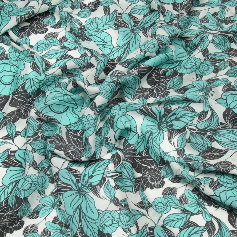 100% Silk Crepe DE chine fabric green floral print 140cm width 15momme,SCDC879