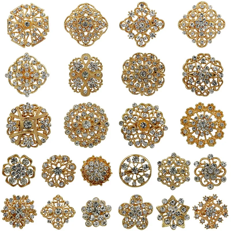 

WEIMANJINGDIAN Brand 24 Pcs Rhinestones Flower Decor Brooches Set DIY Wedding Bouquets Accessories Craft Jewelry Making Kits