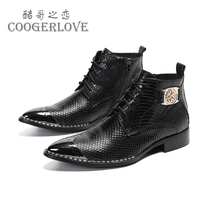 Autumn man Mirror Lron head Tip Lace up  boots Embossing Genuine leather Social contact Men's Boots model Fashion boots