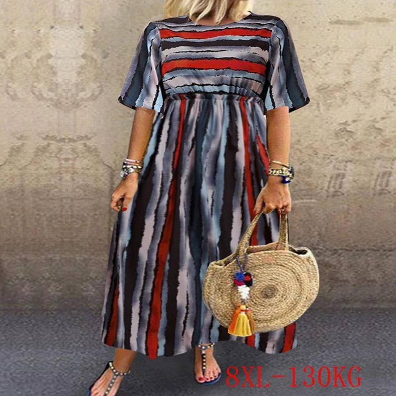 

Women's Casual Striped Dress, Round Neck Pullover, Five-Point Sleeve, Color Striped, Large Size, 6XL 7XL 8XL, Summer, New