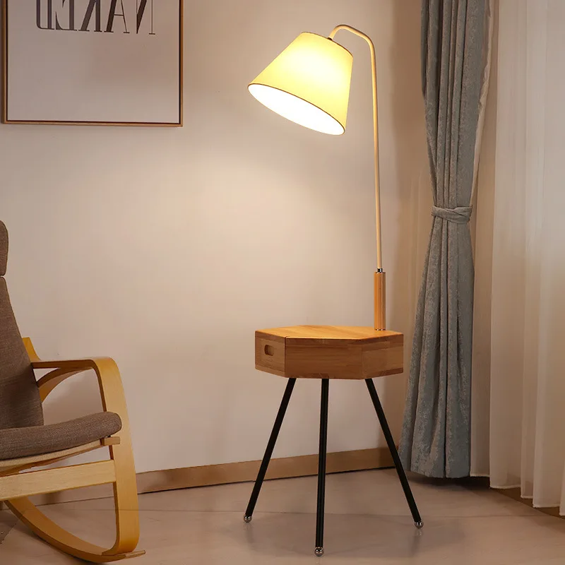 LED Floor lamp Nordic Living Room Sofa Tea Table Shelf Lamp Solid Wood Floor Lamp With drawer Study Room Bedside Floor lamp