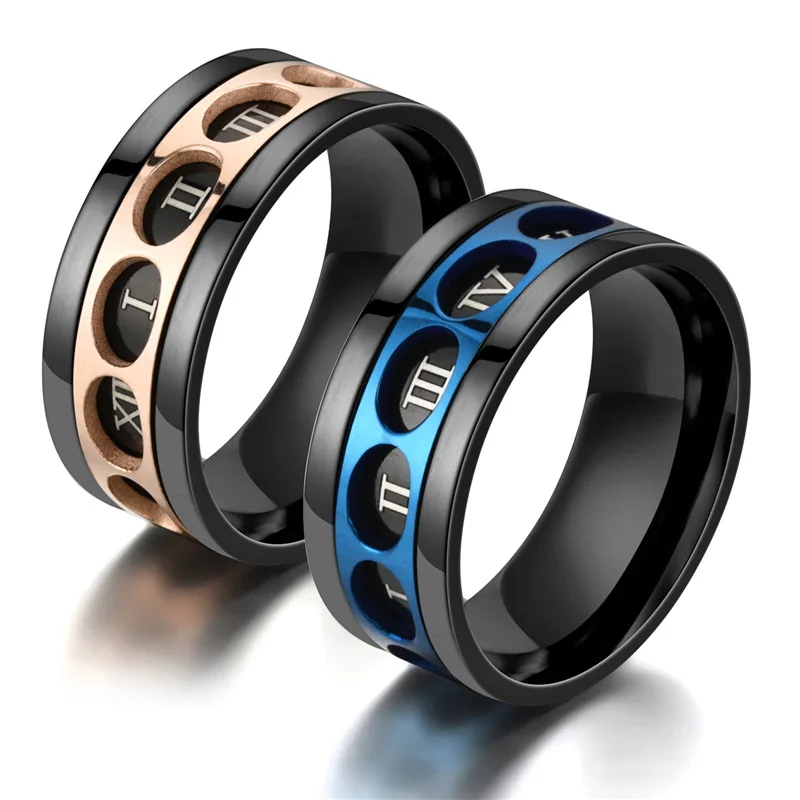 Woozu 9MM Stainless Steel Roman Numeral Spinner Ring For Men Blue Rose Gold Color Black Punk Rock Rings Accessories Jewelry Gift
