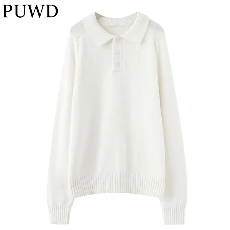 PUWD Sweet Girls Polo Collar Loose Pullover Sweaters 2022 Autumn Fashion Ladies Cotton Knitwear Tops Women Chic Knitted Outwear