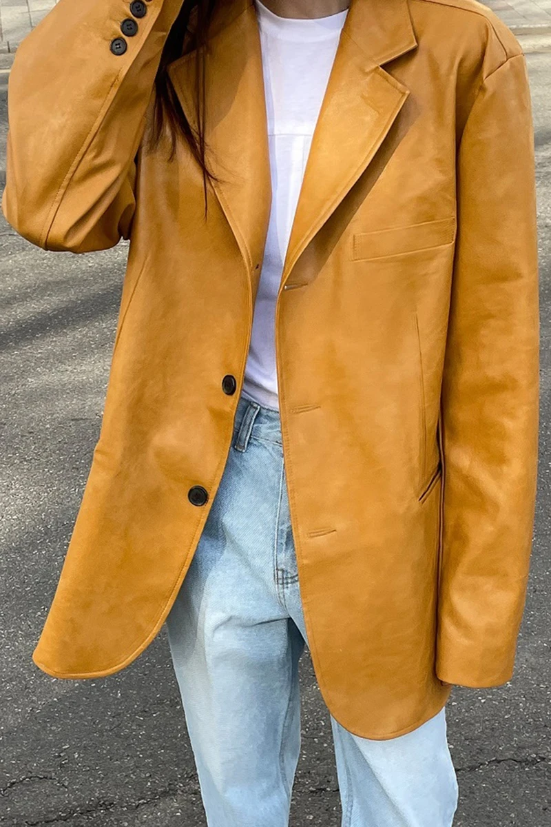 Women Short Pu Leather Coat Loose Style Yellow Color Vintage Full Women's Jacket Oversized Fashion Coat