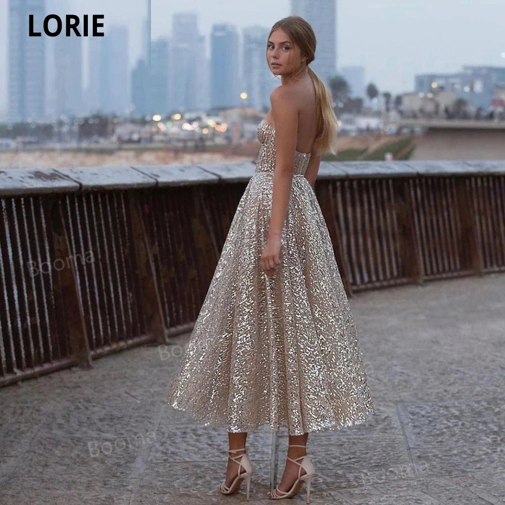 LORIE Glitter Sequin Lace Prom Dresses Sweetheart A-Line Prom Gowns Backless Sleeveless Tea-Length Formal Party Gowns Customized