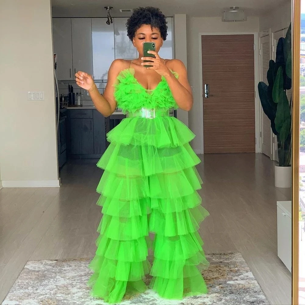 

Green Tulle See Through Jumpsuits Photoshoot Dresses Tiered Ruffles Tulle Robe Cocktail Prom Party Gowns