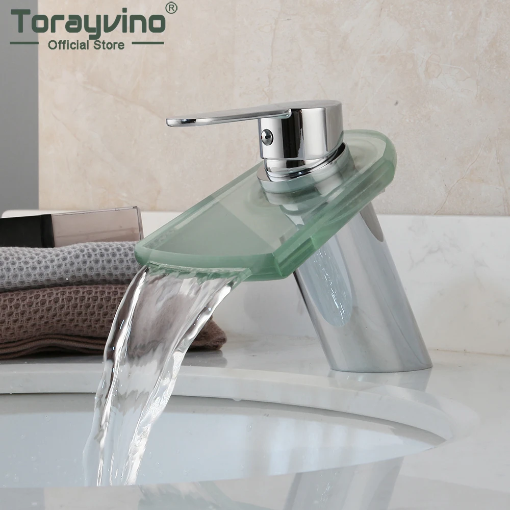 

Torayvino Bathroom Faucet Transparent Glass Waterfall Chrome Polished Deck Mounted Sink Vessel Faucet Hot And Cold Mixer Tap