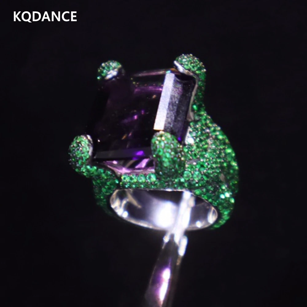 

KQDANCE Luxury Solid 925 Sterling Silver Large Created Emerald Rectangle Purple Amethyst Diamond Rings with Big Stone Jewelry