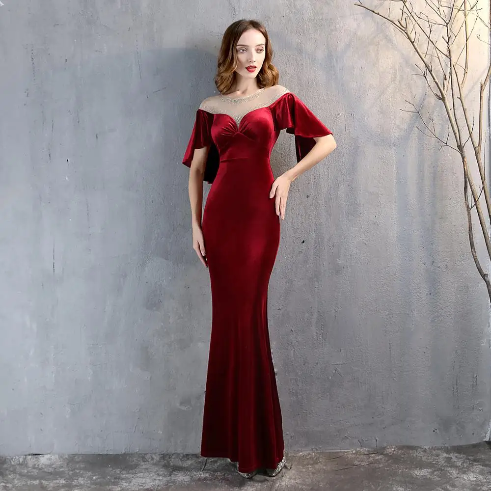 Red Velvet&Diamond Mesh Ruffle Short Sleeve Elegant Dress Women For Wedding Party Night Club Wear Prom Dresses 2020 Long Mermaid