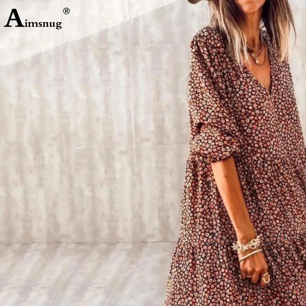 Aimsnug 2022 Summer Ladies Elegant V-neck Mid-Calf Dress Patchwork Bohemian Dresses Plus size 3XL Women Casual Brown Long Dress