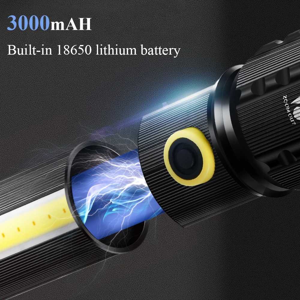 Powerful LED Flashlight With COB Side Light Lamp Zoom Lantern USB Rechargeable Torch Built-in 18650 Battery For Camping Outdoors