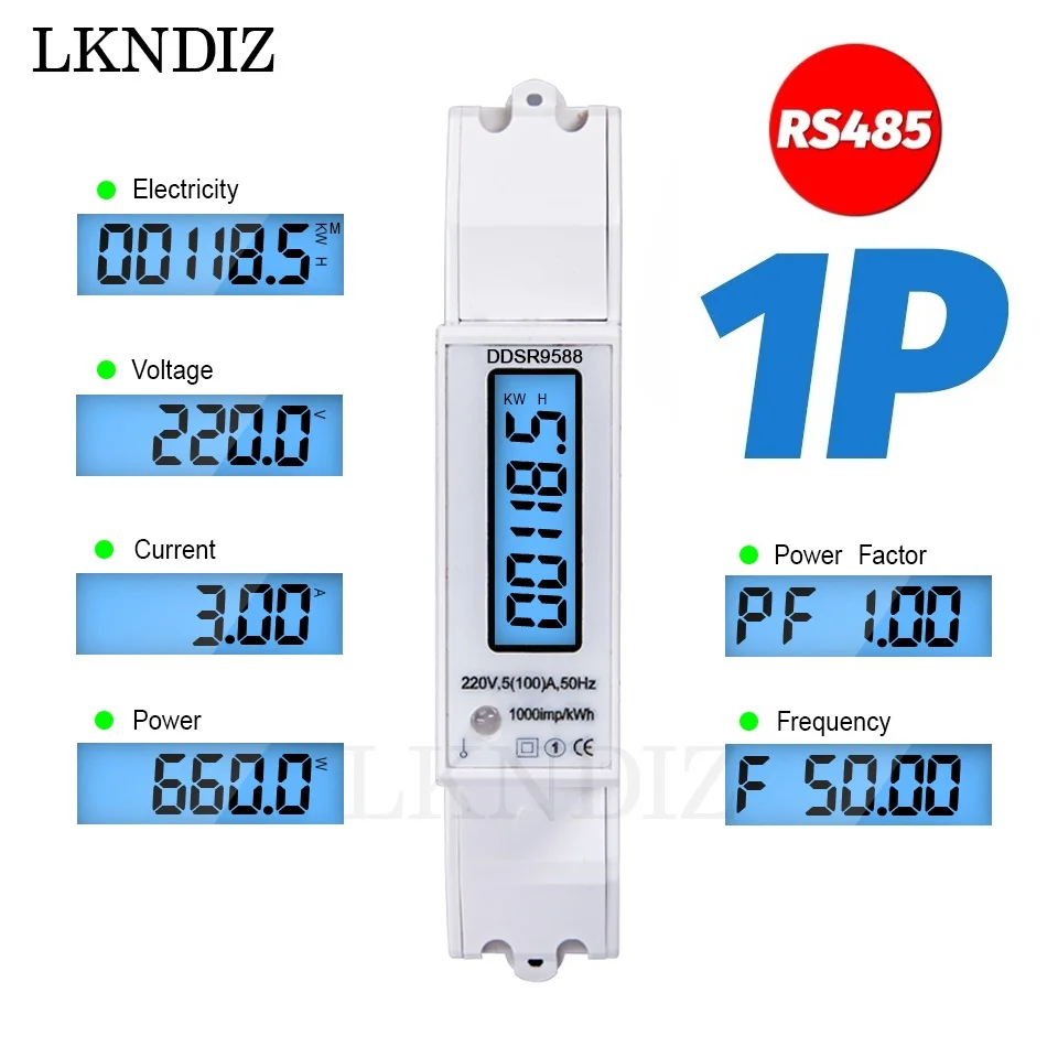 Compteur d'électricité Modbus-RTU monophasé, rail DIN, consommation d'énergie, kWh, watt, RS485, 5 A, 100A, 220V, 230V