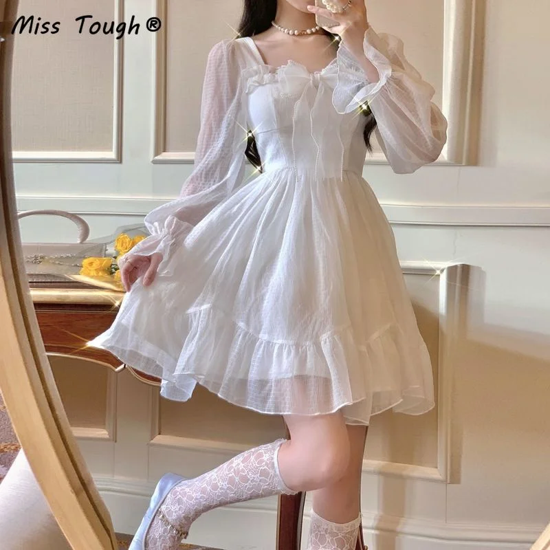 Autumn White Sweet Fairy Dress Women Bow Princess Kawaii Party Mini Dress Female Casual Korean Fashion Lolita Dress 2021 New