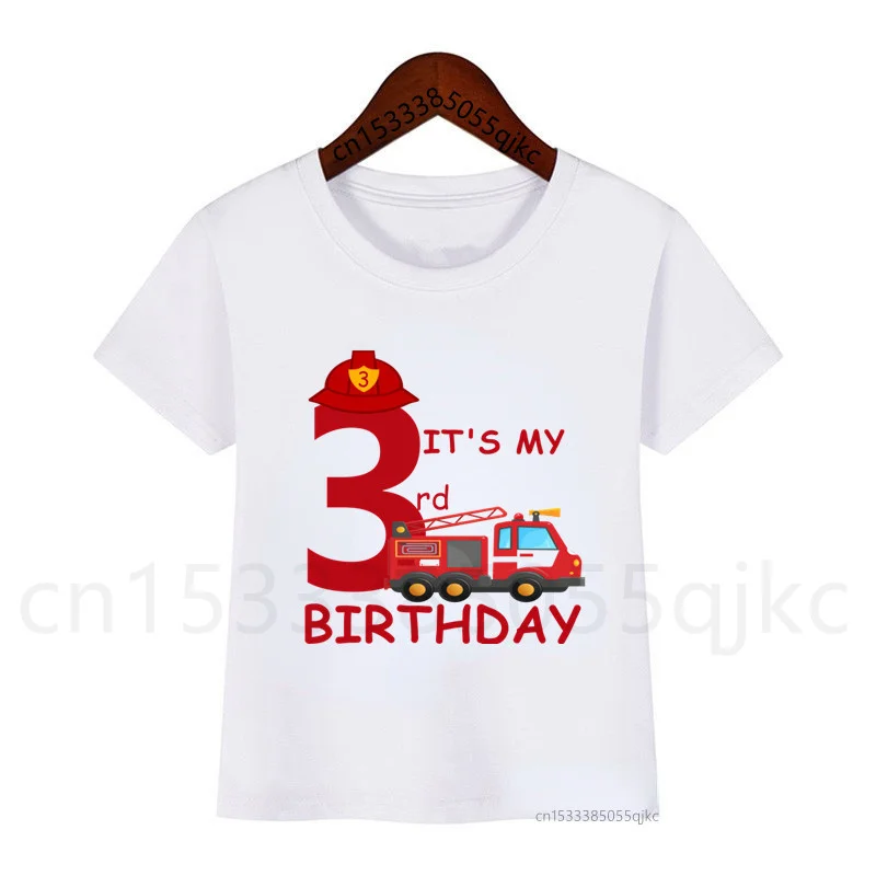 NEW Boys/Girls Cool Fire Truck It\'s My Birthday Numbers T-Shirt Children Boys Happy Birthday T Shirt White T-Shirt Baby Girl Top