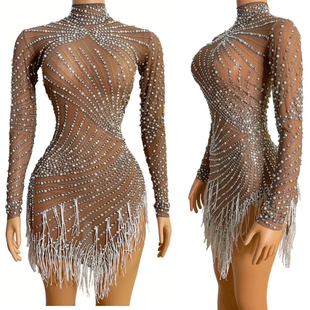 Asymmetrical Women Rhinestone Dress Shining Tassel Long Sleeve Turtleneck Latin Dance Birthday Party Club Stage Wear Drag Queen