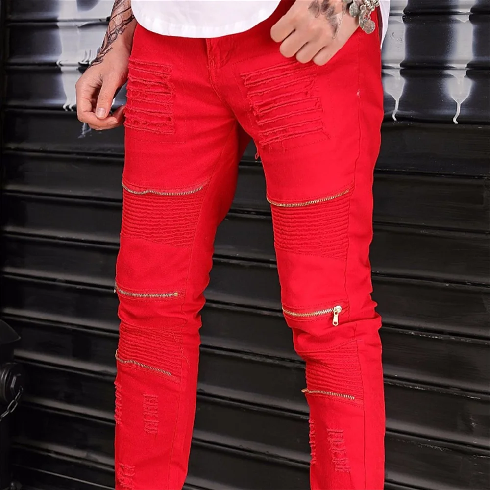 EH · MD ®   Calças jeans riscadas masculinas moda tendência corte através do zíper decoração multi bolso 2020 vermelho fino jeans casuais maré